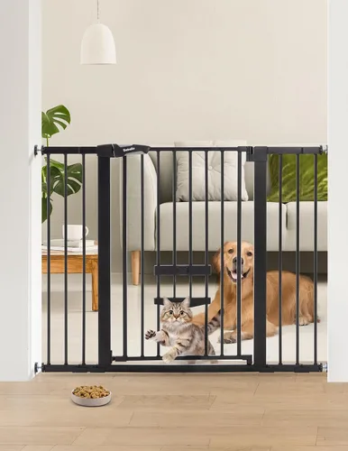 Vista 12 de BABELIO Nueva Versión Puerta de Bebé con Puerta para Gatos Ajustable, Puerta de Mascotas de Metal de 29-40" para Escaleras y Puertas, Montaje a Negro