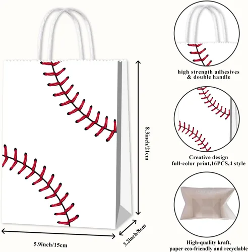 Vista 6 de BQK 16 bolsas de aperitivos de béisbol para niños con asas, bolsas de regalos de béisbol, bolsas de regalo de béisbol, suministros de fiesta