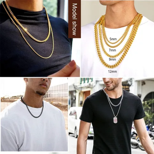 Vista 6 de FindChic - Collar con cadena para hombre chapado en oro de 18 quilates acero inoxidable doble apretado eslabones cubanos para hombres y niños