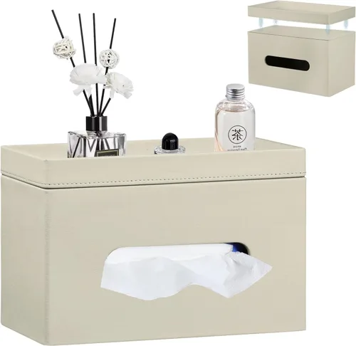 Vista 10 de YAPISHI Caja de pañuelos grande rectangular con almacenamiento de bandeja, soporte de pañuelos faciales de piel sintética, se adapta a 230