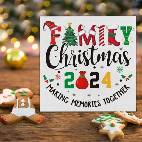 Vista 3 de Señal de madera de Navidad 2024 para el hogar, decoración familiar, decoración de mesa de Navidad de 5 x 5 pulgadas