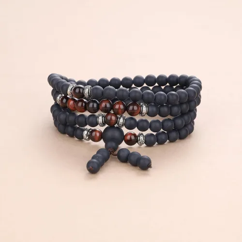 Vista 6 de COAI Collar tibetano con 108 cuentas de mala, ojo de tigre rojo, piedra de ónix mate, Piedra, Ónix