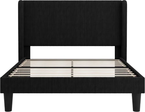 Vista 10 de SHA CERLIN - Base de cama tamaño Full tapizada en pana con plataforma y cabecera acolchada con diseño acanalado vertical estilo wingback, 8