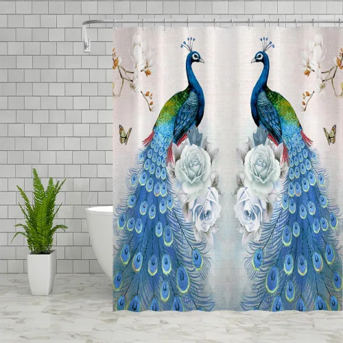 Vista 3 de Cortina de ducha de pavo real, hermosa flor de pájaro, mariposa, plantas, paisajes, cortinas de tela de poliéster, decoración de baño, juego