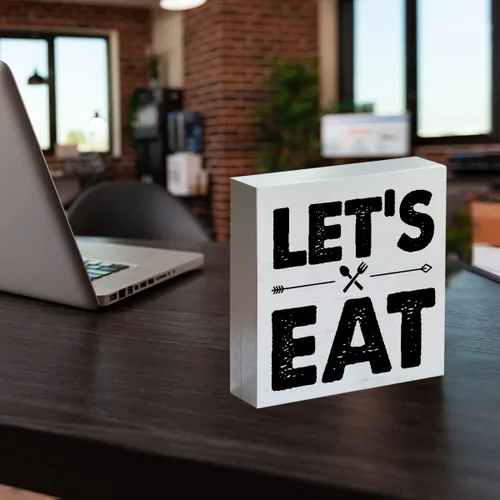 Vista 5 de Letrero de madera con texto en inglés "Let's Eat" de granja con texto en inglés "Let's Eat", moderno bloque de madera, letrero de mesa para comedor
