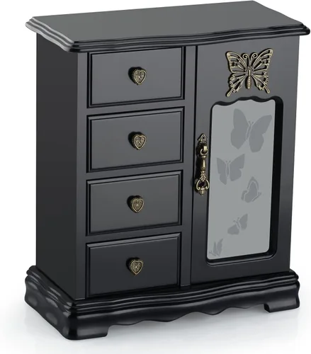 Vista 2 de RR ROUND RICH DESIGN Joyero de madera maciza para maquillaje y organizador de anillos para mujer, con 4 cajones incorporados, carrusel de collar
