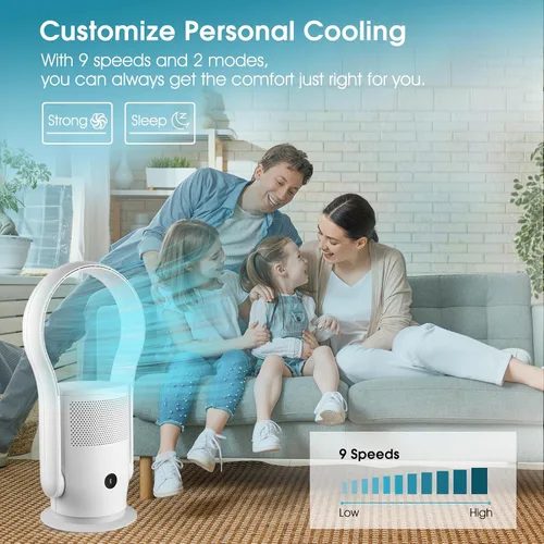 Vista 2 de Ventilador de torre sin aspas con filtro HEPA, ventilador oscilante sin aspas de 80° con control remoto, 9 velocidades, temporizador de 8 horas