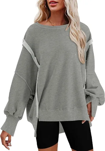 Vista 17 de SHEWIN Sudadera casual de gran tamaño de manga larga con costuras inversas y cuello redondo para mujer Un negro