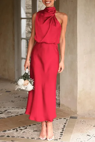 Vista 2 de PRETTYGARDEN - Vestido de satén para mujer, para verano, elegante, sin mangas, con cuello alto falso, para fiestas de cóctel, vestido largo hasta