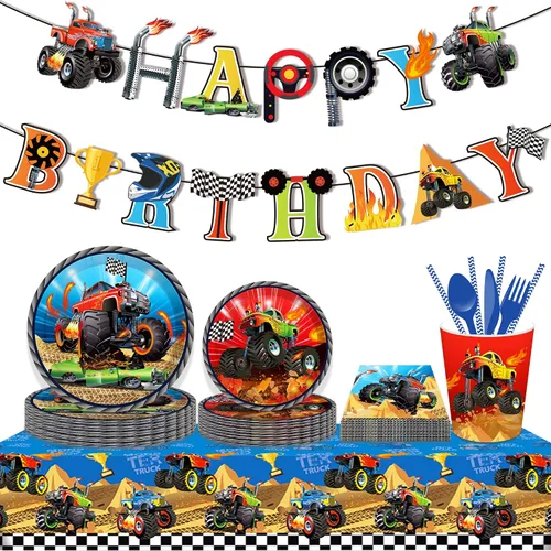 Vista 7 de OXYLIPO Paquete de 24 platos de papel de postre Monster Truck de 9 pulgadas, platos redondos desechables para automóvil, platos de fiesta, baby