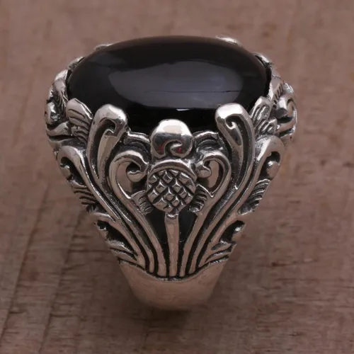 Vista 3 de NOVICA Anillo de cóctel floral de plata de ley 925 de ónix negro