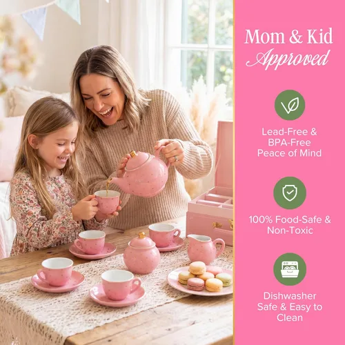 Vista 7 de Giggle & Honey® Juego de fiesta de té para niñas pequeñas, lunares dorados Rosa