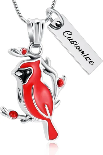 Vista 11 de constantlife Collar de urna cardenal para cenizas, de acero inoxidable, colgante de pájaro rojo y azul, recuerdo de cremación, joyería conmemorativa