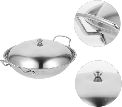 Vista 7 de SHOWERORO 1 juego de sartén de cocina de acero inoxidable con tapa, olla caliente de doble mango para uso diario, utensilios de cocina multifunción
