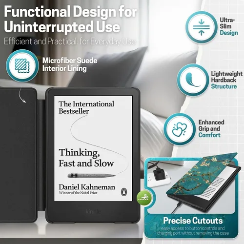 Vista 4 de TNP - Funda delgada para Kindle de 6 pulgadas para 11ª generación 2024/2022, flores de almendro Funda delgada de cuero sintético con diseño