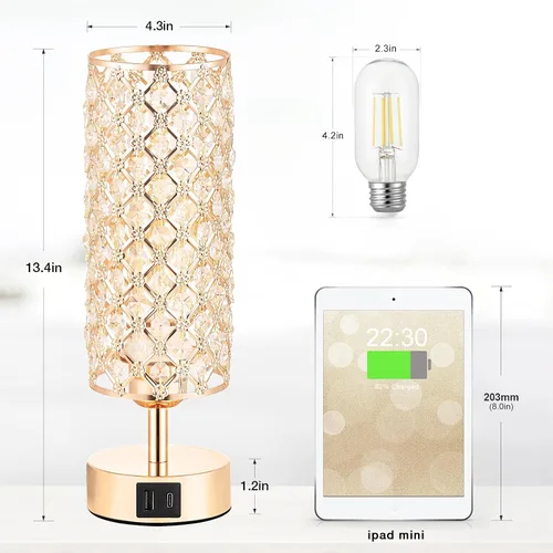 Vista 4 de Lámpara de mesa de cristal, lámpara dorada para dormitorio con puertos de carga USB-C y USB-A, luz regulable de 3 vías con pantalla de cristal