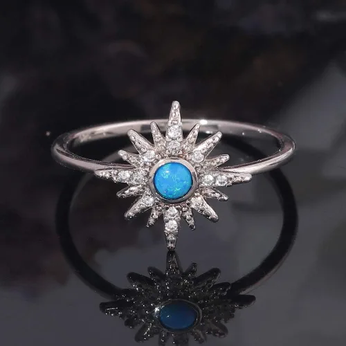 Vista 4 de CiNily - Anillo de piedras preciosas para mujer con ópalo de fuego, color azul y aguamarina, chapado en rodio, talla 5 12