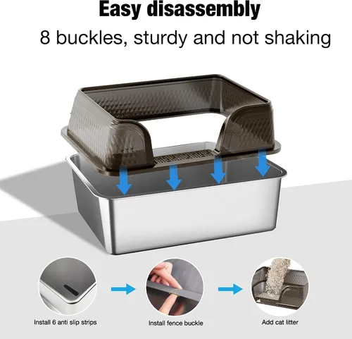 Vista 4 de Suhaco Caja extra grande de arena para gatos de acero inoxidable con tapa XXL Cajas de arena para gatos con lados altos incluidas Alfombrilla