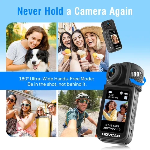 Vista 4 de Movcan Cámara corporal S70 con grabación de audio y video, cámara corporal HD 1520P con lente giratoria de 180°, cámara de grabación manos libres