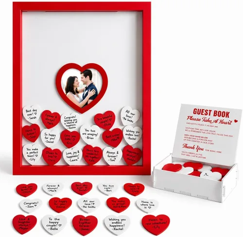Vista 11 de Libro de invitados de boda azul alternativo para recepción con corazones de madera, un marco, decoración de libros, recuerdos para boda, ideas