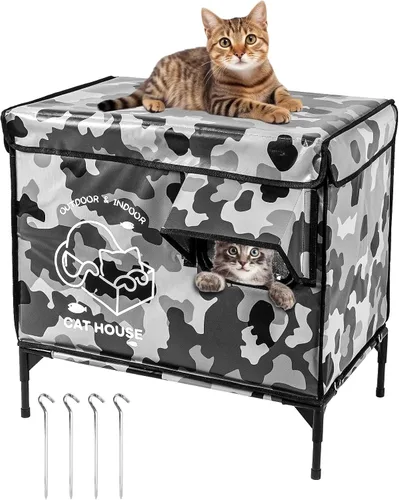 Vista 8 de Casa para gatos al aire libre, refugio elevado indestructible para gatos resistente a la intemperie con puerta de escape, exterior impermeable