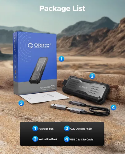Vista 7 de ORICO SSD externo de 512 GB de hasta 2000 MB/s, protección adicional de interfaz, impermeable y a prueba de polvo, unidades de estado sólido