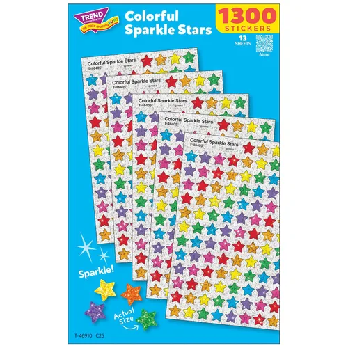 Vista 6 de Pegatinas de estrellas brillantes Trend Enterprises – 1/4 a 1/2 pulgadas – juego de 1300 – rojo, azul, oro, plata