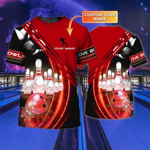 Vista 2 de Camisa de bolos americana personalizada con nombre personalizado, camisas de boliche, regalo de boliche, camisa impresa en 3D para hombres y mujeres