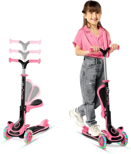 Vista 16 de Scooter de 3 ruedas para niños con asiento plegable, altura ajustable del manubrio, juguete de paseo inclinado para conducir para niños a partir