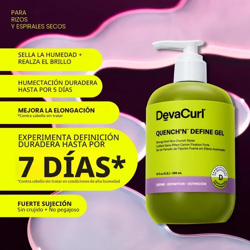 Vista 2 de DevaCurl Quench'n Define Gel Strong Hold Non-Crunch Styler Lasts up to 7 Days Locks & Moisturizes Curls Enhances Shine