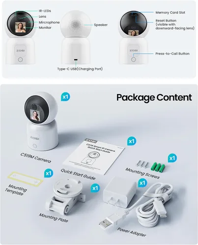 Vista 9 de ZOSI Cámara de seguridad WiFi inteligente de 4 MP, panorámica/inclinación de 360°, videollamadas de 2 vías, detección humana
