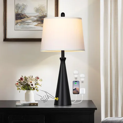 Vista 7 de Rinweey 28" Black Touch Table Lamp with USB A+C Ports, 3-Way Dimmable Bedroom Lamp for Night Stand, Tall Modern Touch Lamp for Living Room End