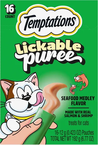 Vista 14 de Temptations Creamy Puree Golosinas Húmedas Exprimibles Lamibles para Gatos con Hígado de Res, Tubos de 0.42 oz., 4 Unidades, Paquete de 11 (44 Total)