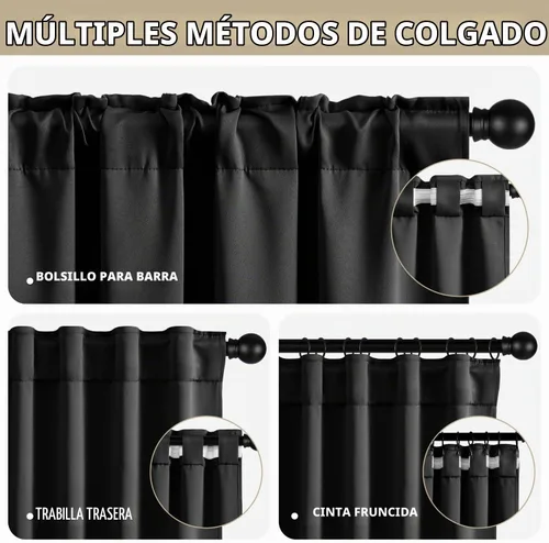 Vista 2 de ANRODUO Juego de 2 cortinas con bloqueo de luz del 99%, cortinas de 84 pulgadas de largo, cortinas negras para dormitorio, cortinas con aislamiento