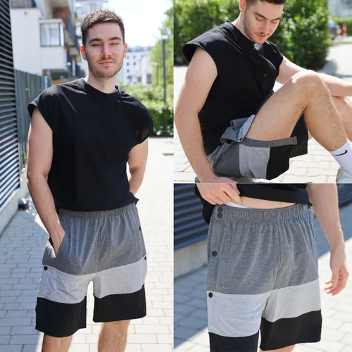 Vista 4 de Deyeek Pantalones cortos para hombre con bolsillos para recuperación poscirugía, bloque de color, algodón