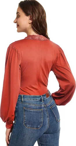 Vista 5 de LYANER Body de manga larga abombada con cuello en V y ribete de encaje para mujer