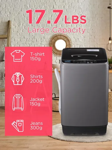 Vista 3 de KRIB BLING Lavadora completamente automática con pantalla LED, bomba de drenaje portátil de 17.7 libras, 10 programas y 8 niveles de agua Gris