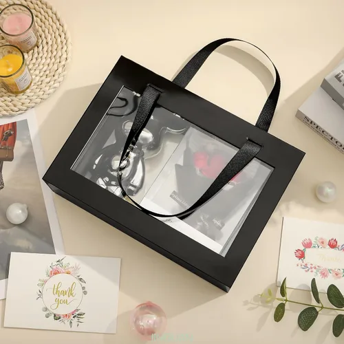 Vista 4 de Caja de regalo negra con ventana, caja de regalo magnética transparente para regalo, caja de propuesta de padrino de boda (10.5 x 7.5 x 3 pulgadas)