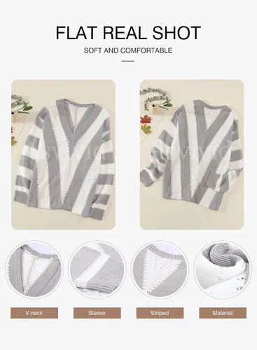 Vista 4 de Asvivid - Suéter de punto y manga larga para mujer, diseño con cuello en V, a rayas y bloques de color, sin botones