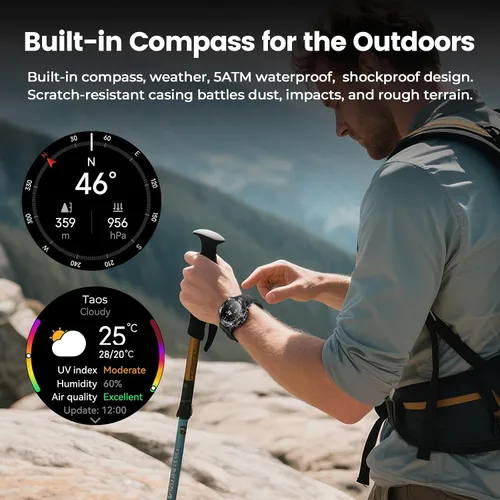 Vista 3 de WalkerFit Reloj inteligente para hombres, pantalla AMOLED redonda de 1.43", 5 ATM resistente al agua, monitor de frecuencia cardíaca y sueño