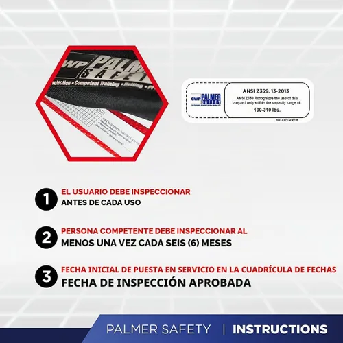Vista 7 de Palmer Safety ATERET Bundle - Arnés de Seguridad de Cuerpo Completo 1D, Cordón de Seguridad de 6', Correa de Anclaje de 4', Kit de Detención Cumple