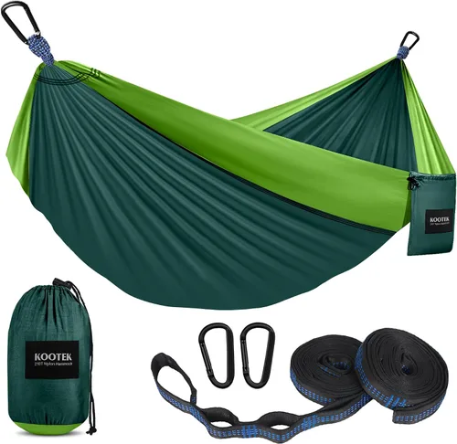 Vista 19 de Kootek - Hamaca portátil doble e individual con 2 correas para árboles, de nailon ligero de paracaídas para mochileros, viajes, playa, patio, Negro