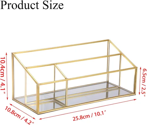 Vista 3 de Hipiwe Organizador de maquillaje para encimera, vitrina de cosméticos de vidrio dorado, soporte de almacenamiento de tocador de 3 ranuras