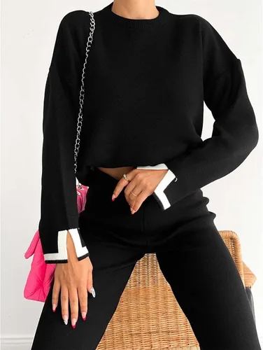 Vista 4 de MaLinfandor Conjunto de 2 piezas de suéter de punto para mujer, sudadera de manga larga, pantalones elásticos de pierna ancha, conjunto de ropa