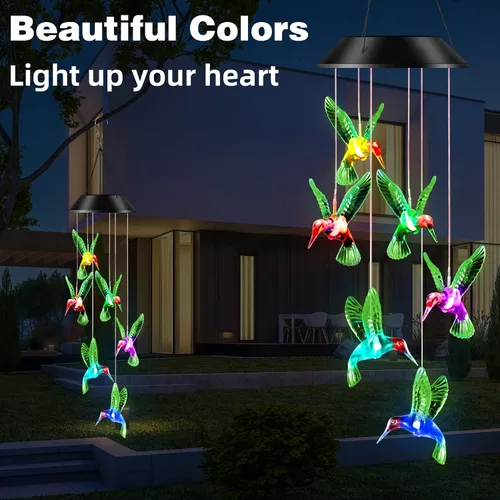 Vista 3 de Regalos para mamá de hija, hijo, esposo, campanillas de viento LED solares de colibrí para interiores y exteriores, el mejor regalo para el día
