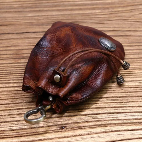 Vista 6 de Wugebud 1 llavero medieval de cuero, organizador de monedas, soporte para cambios, bolsa de cuero con cordón para hombres y mujeres, Marrón