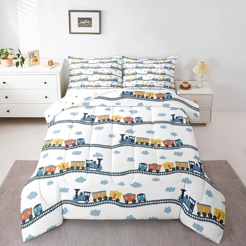 Vista 10 de Erosebridal Juego de edredón de tren de locomotora para niños, tamaño individual, lindo juego de ropa de cama con motor de vapor para niños y niñas