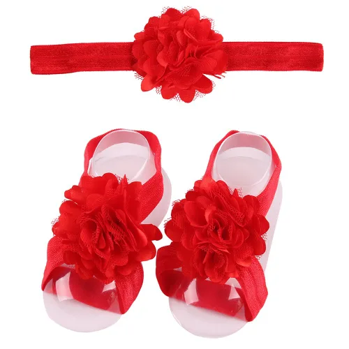 Vista 3 de 8 pares de diademas de flores de satén y sandalias descalzas para bebés y niñas pequeñas (8 pares S1)