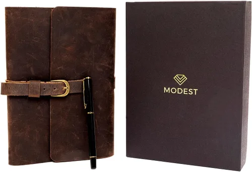 Vista 3 de Juego de regalo de diario de cuero personalizado para hombres y mujeres, iniciales en cubierta de cuero de primera calidad, bolígrafo de metal