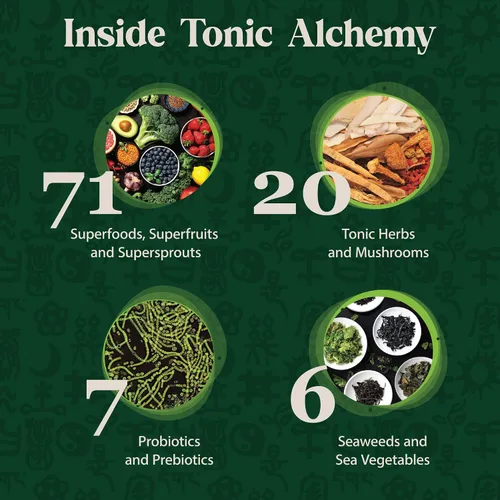 Vista 4 de Dragon Herbs Tonic Alchemy Superfood Greens Powder - Paquete de una sola porción - 91 ingredientes: hierbas tónicas, ashwagandha, champiñones